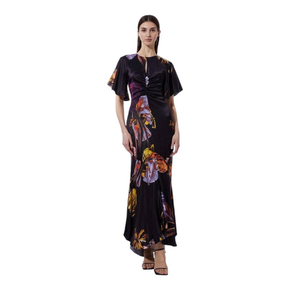 Karen Millen Floral Satin Crepe Woven Angel Sleeve Maxi Dress Black Size 10